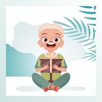 A happy child boy sits in a lotus position and holds a box with a bow in his hands. Holidays theme. Cartoon style. illustration. vector