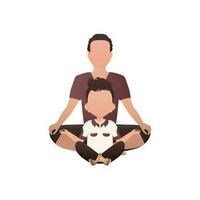 A man with a cute little boy are sitting meditating. Isolated. Cartoon style. vector