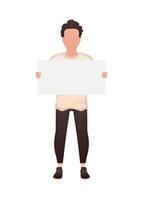 A man is in full growth and holds a blank sheet in his hands. Isolated. Cartoon style. vector