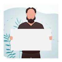 A man of athletic build in the room stands waist-deep and holds an empty sign in his hands. Place for your advertisement. Cartoon style. vector