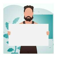 A guy of strong physique stands waist-deep and holds an empty sign in his hands. Rally. Cartoon style. vector