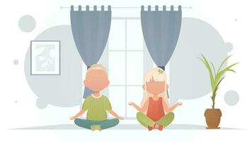 un pequeño chico y un linda niña son haciendo yoga en el habitación. meditación. dibujos animados estilo. vector