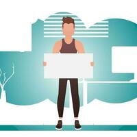 A guy with a strong physique holds an empty sign in his hands. Place for your advertisement. Cartoon style. vector