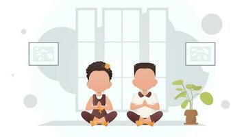 Children meditate in the room. Yoga. Cartoon style. vector