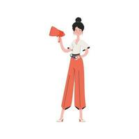 A woman stands in full growth and holds a loudspeaker in her hands. Isolated. Element for presentations, sites. vector