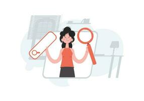 A woman is waist-deep holding a web search bar and a magnifying glass. Search. Element for presentations, sites. vector