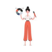 A woman stands in full growth and holds a color palette in her hands. Isolated. Element for presentations, sites. vector