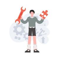 A man stands in full growth with a puzzle in his hands. Tech support. Element for presentations, sites. vector