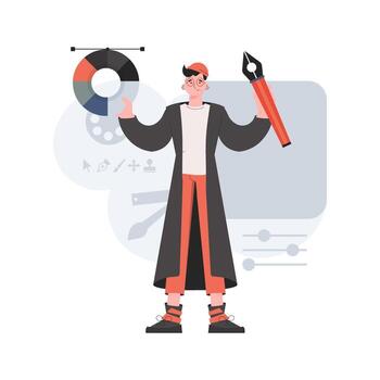 un hombre soportes en lleno crecimiento y sostiene un color paleta en su manos. creación. elemento para presentaciones, sitios vector