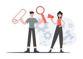 A man and a woman are standing in full growth with a loudspeaker. Human resource. Element for presentations, sites. vector