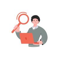 The guy is waist-deep holding a computer and a magnifying glass. Isolated. Element for presentations, sites. vector