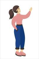 Vector illustration with a young happy girl standing, speaking, explaining, showing by her hand. Smiling woman telling and reporting information. Flat character in profile in full growth.