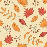 Vector seamless pattern with cute cartoon flat different autumn leaves for Thanksgiving day design on orange background.