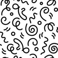 Doodle 90s style seamless pattern on white background with kid squiggles, swirls and zigzag. Flat vector retro illustration