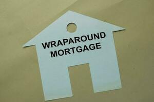 Wraparound Mortgage write on paper house isolated on office desk. photo