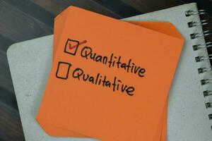 Concept of Quantitative or Qualitative write on a sticky notes isolated on Wooden Table. photo