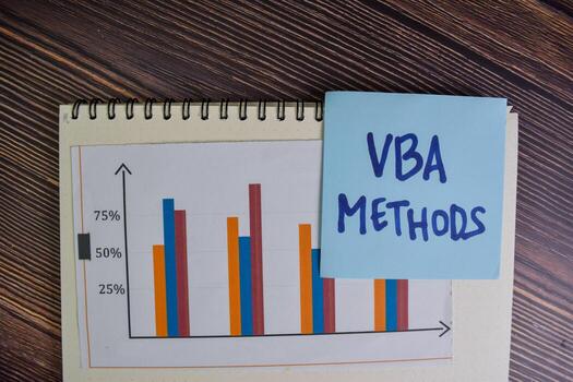 VBA Methods write on sticky notes isolated on Wooden Table. Stock market concept photo