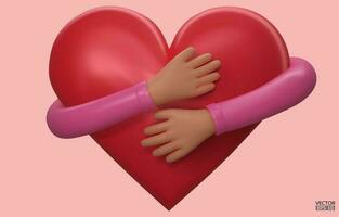 3D hands hugging a red heart with love. Cartoon Hand embracing heart with pink sleeve isolated on pink background. love yourself. Used for posters, postcards, t-shirt prints. 3D vector illustration.