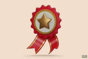 3D quality guarantees a medal with a star and ribbon. Red badge warranty icon with ribbon isolated on white background. Realistic graphics Certificate Badge icon, award badge. 3D vector illustration.