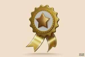 3d calidad dorado garantías un medalla con un estrella y cinta. oro Insignia garantía icono aislado en beige antecedentes. realista gráficos certificado Insignia icono, amarillo premio insignia.3d vector ilustración