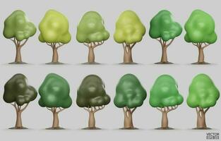 Set of Trees isolated on a white background. 3D tree for landscape design, Garden, and park green tree. Icons for city maps, and games. Green forest plants collection. 3d render vector illustration.