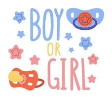 Girl or boy, lettering written with elegant calligraphic font and decorated with dummy. Gender party concept. vector