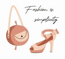 Fashionable women's leather bag and shoes in modern trendy style. Stylish inscription on the theme of fashion. vector