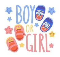 Girl or boy, lettering written with elegant calligraphic font and decorated with booties, dummy. Gender party concept. vector
