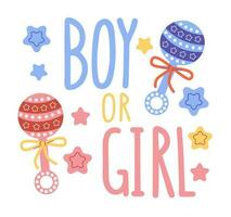 Girl or boy, lettering written with elegant calligraphic font and decorated with rattle. Gender party concept. vector