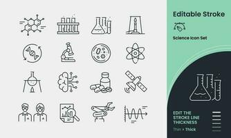 Science Icon collection containing 16 editable stroke icons. Perfect for logos, stats and infographics. Edit the thickness of the line in any vector capable app.