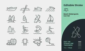 Water Sports Icon collection containing 16 editable stroke icons. Perfect for logos, stats and infographics. Edit the thickness of the line in any vector capable app.