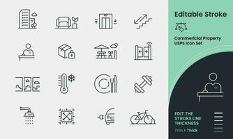 Commercial Property Facilities Icon collection containing 16 editable stroke icons. Perfect for logos, stats and infographics. Edit the thickness of the line in any vector capable app.