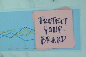 Concept of Protect Your Brand write on sticky notes isolated on Wooden Table. photo