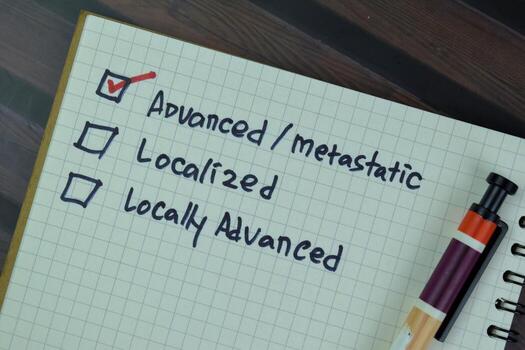 Concept of Advanced or Metastatic write on sticky notes isolated on Wooden Table. photo