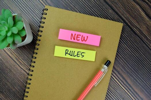 Concept of New Rules write on a book isolated on Wooden Table. photo