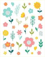 Set of spring summer flowers hand drawn and painted. Flat design vector