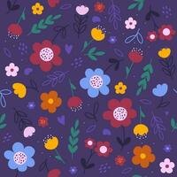 Seamless pattern on purple background with hand drawn flowers vector