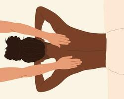 Black woman gets a full-body massage at a SPA wellness salon. Colored flat vector illustration isolated on white background. Top view