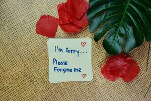 I'm Sorry. Please Forgive Me write on sticky notes isolated on Wooden Table. photo