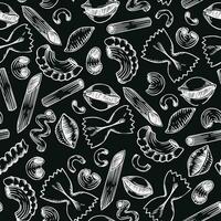 seamless pattern in sketch style. vintage print of types of pasta. italian food, pasta on dark background vector