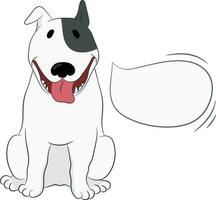 Cute bull terrier dog named Sparky is sitting with a speech bubble template isolated on white background. Hand drawn vector art