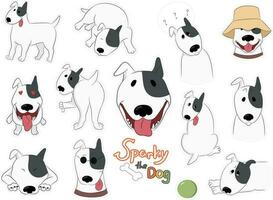 dibujos animados perro pegatinas con un gracioso toro terrier chispeante aislado en blanco. mano dibujado vector Arte