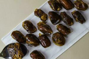 Ramadan Kareem Festive, close up of dates and Islamic Holy Month Greeting Card. Free space for your text photo