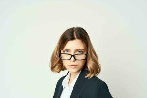 Business woman in black suit posing fashion work professional photo