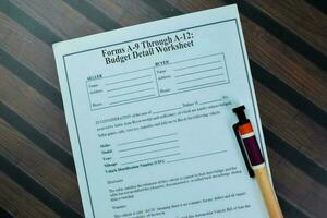 Concept of SBA Form A-9 Through A-12 Budget Detail Worksheet isolated on Wooden Table. photo