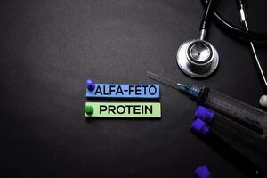 Alfa-Feto Protein text on Sticky Notes. Top view isolated on black background. Healthcare Medical concept photo