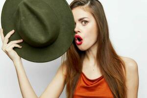 Woman with hat With an open mouth, luxury covers the face attractive look photo