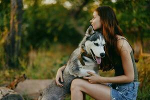 A woman with a husky breed dog smiles and affectionately strokes her beloved dog while walking in nature in the park in autumn against the backdrop of sunset photo