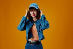 pretty woman denim cap red lips glamor fashion color background unaltered photo