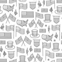 Hand drawn seamless pattern of us flags outline on transparent background vector